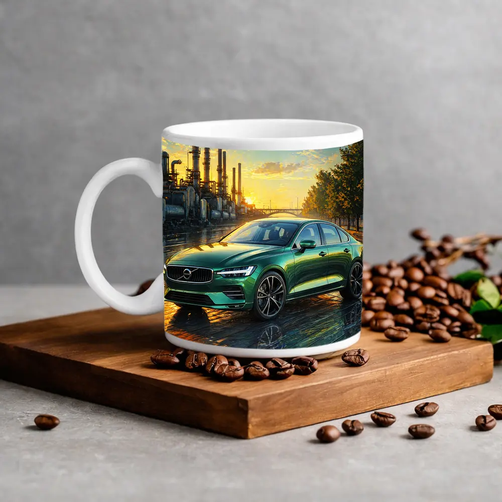 Volvo S60 Green Sedan Industrial Sunset Scene – Mugs