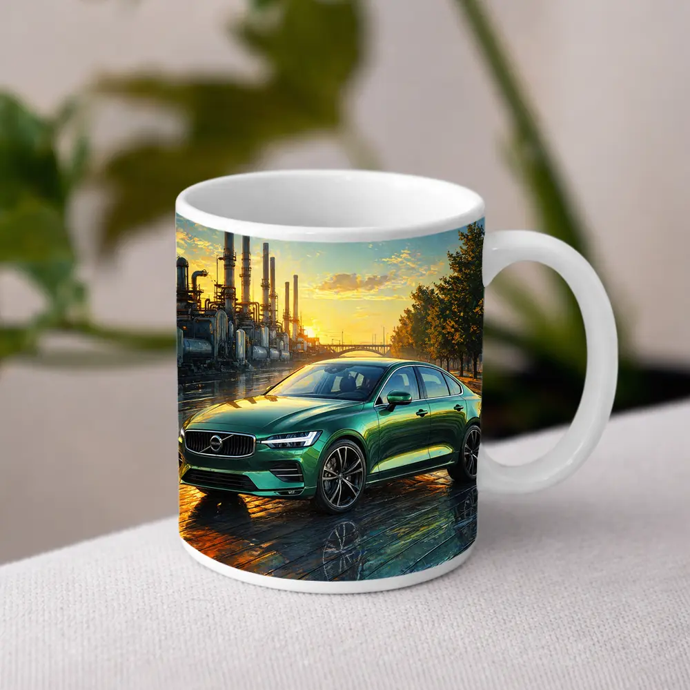 Volvo S60 Green Sedan Industrial Sunset Scene – Mugs