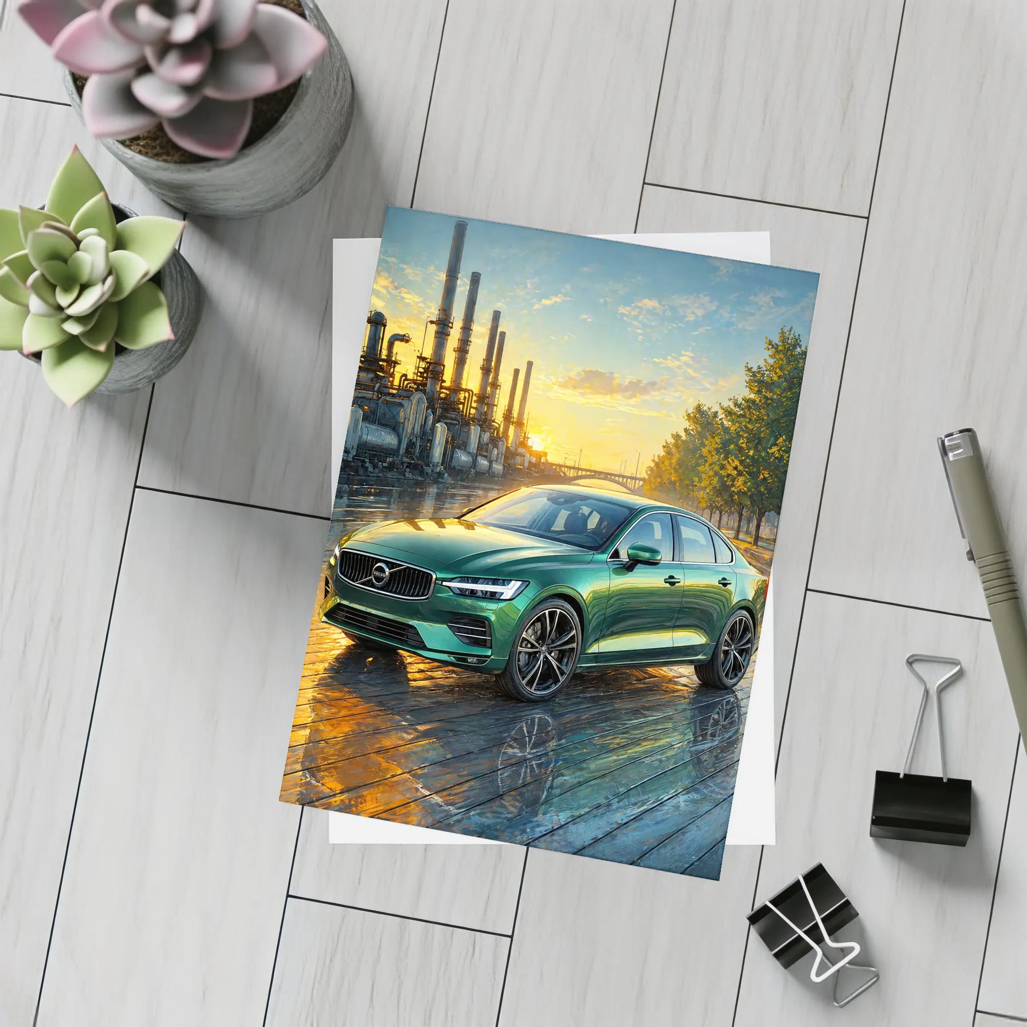Volvo S60 Green Sedan Industrial Sunset Scene – Postcards