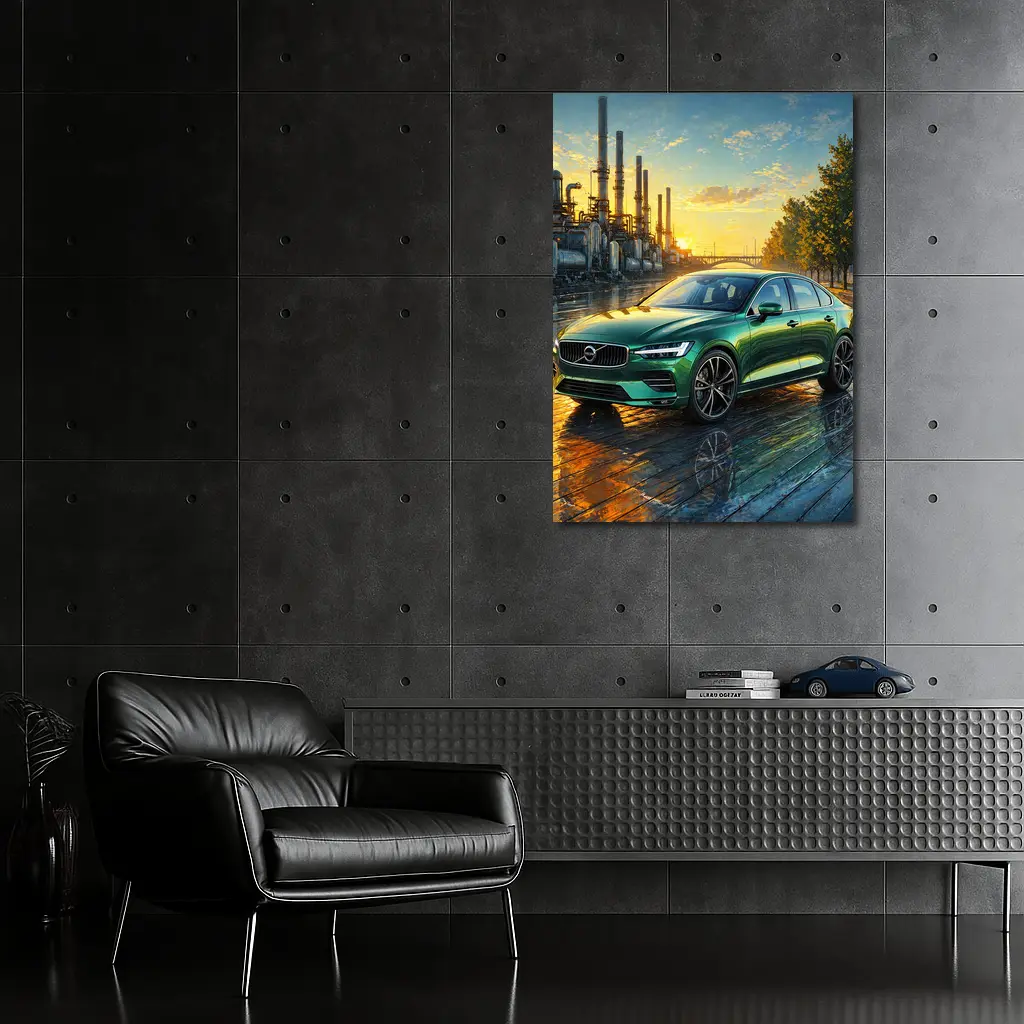 Volvo S60 Green Sedan Industrial Sunset Scene – Wall Art