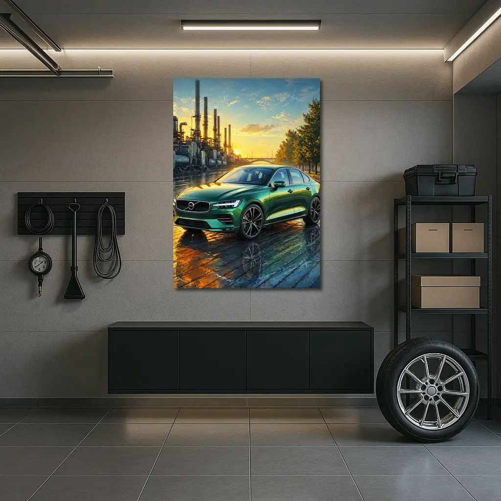 Volvo S60 Green Sedan Industrial Sunset Scene – Wall Art