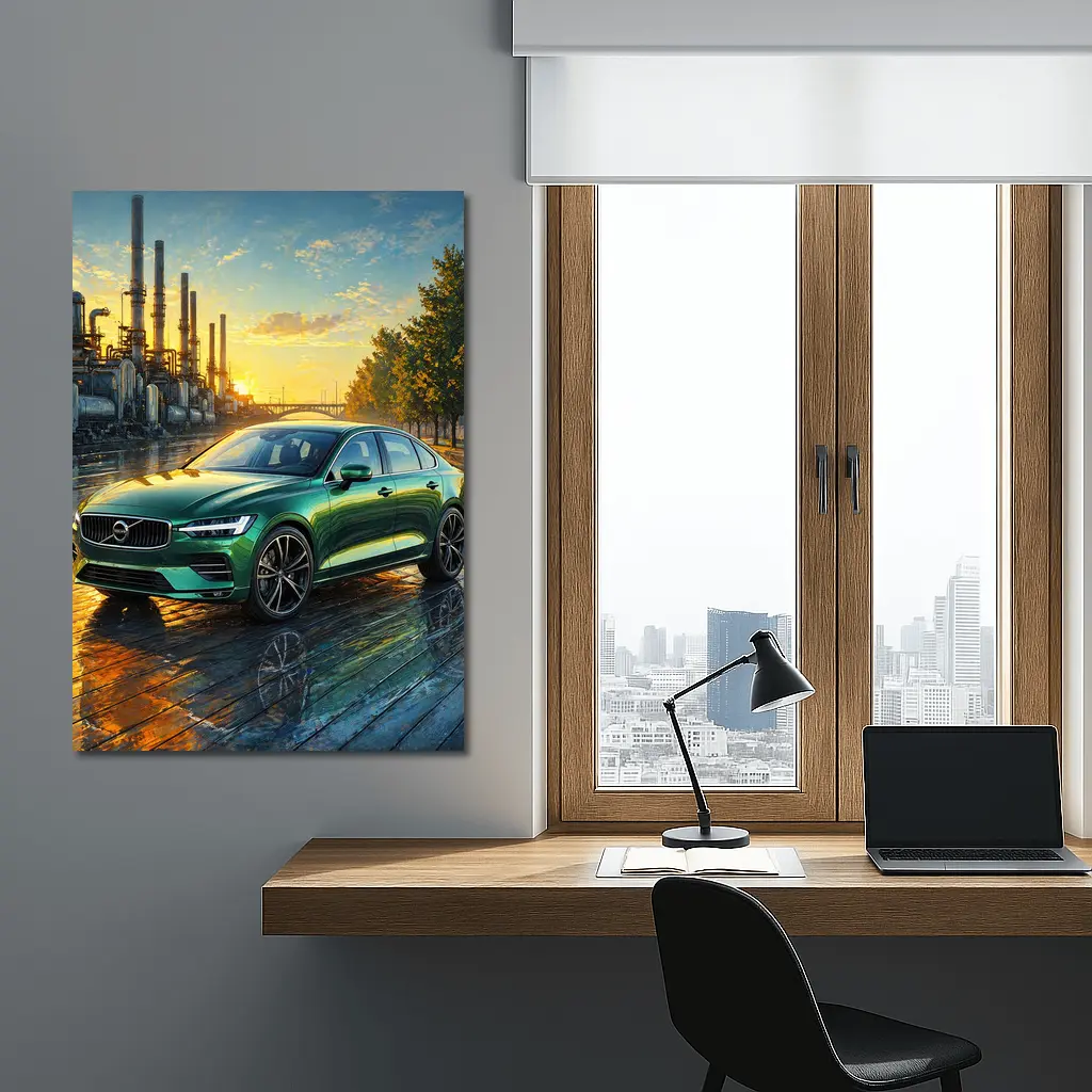 Volvo S60 Green Sedan Industrial Sunset Scene – Wall Art