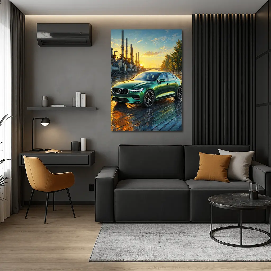 Volvo S60 Green Sedan Industrial Sunset Scene – Wall Art