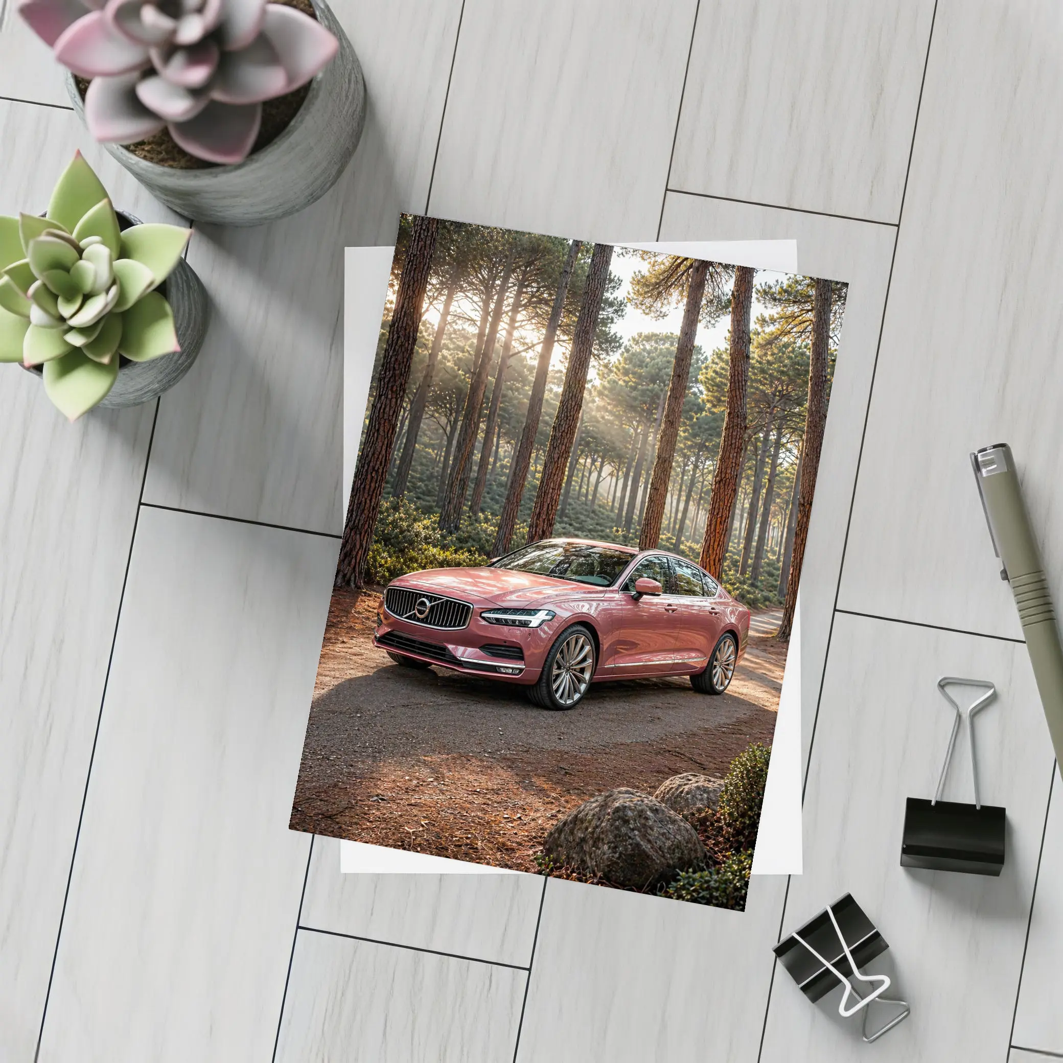 Volvo S90 Parked In Sunlit Forest – Postcards