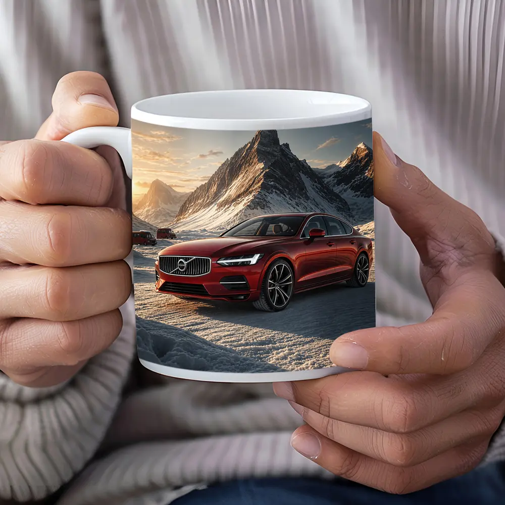 Volvo S90 Red Sedan Snowy Mountain Sunset – Mugs