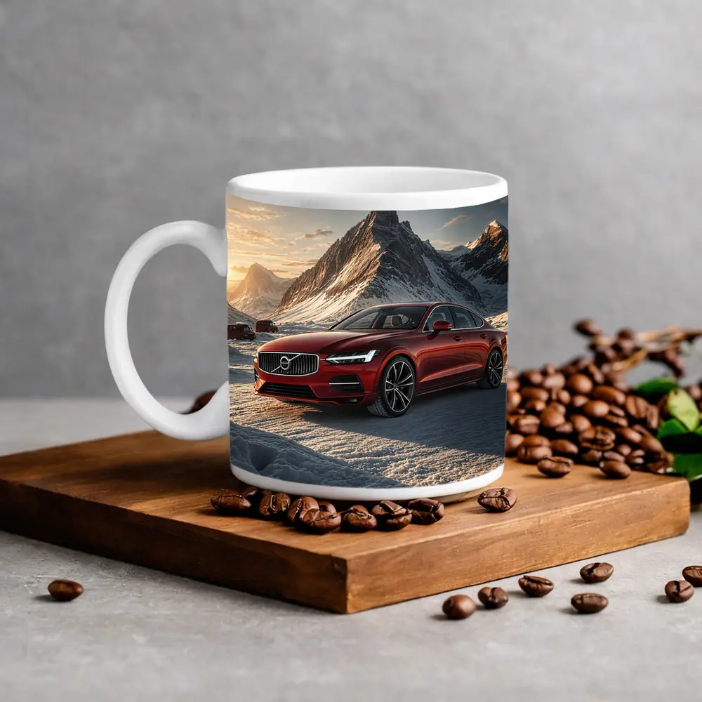 Volvo S90 Red Sedan Snowy Mountain Sunset – Mugs