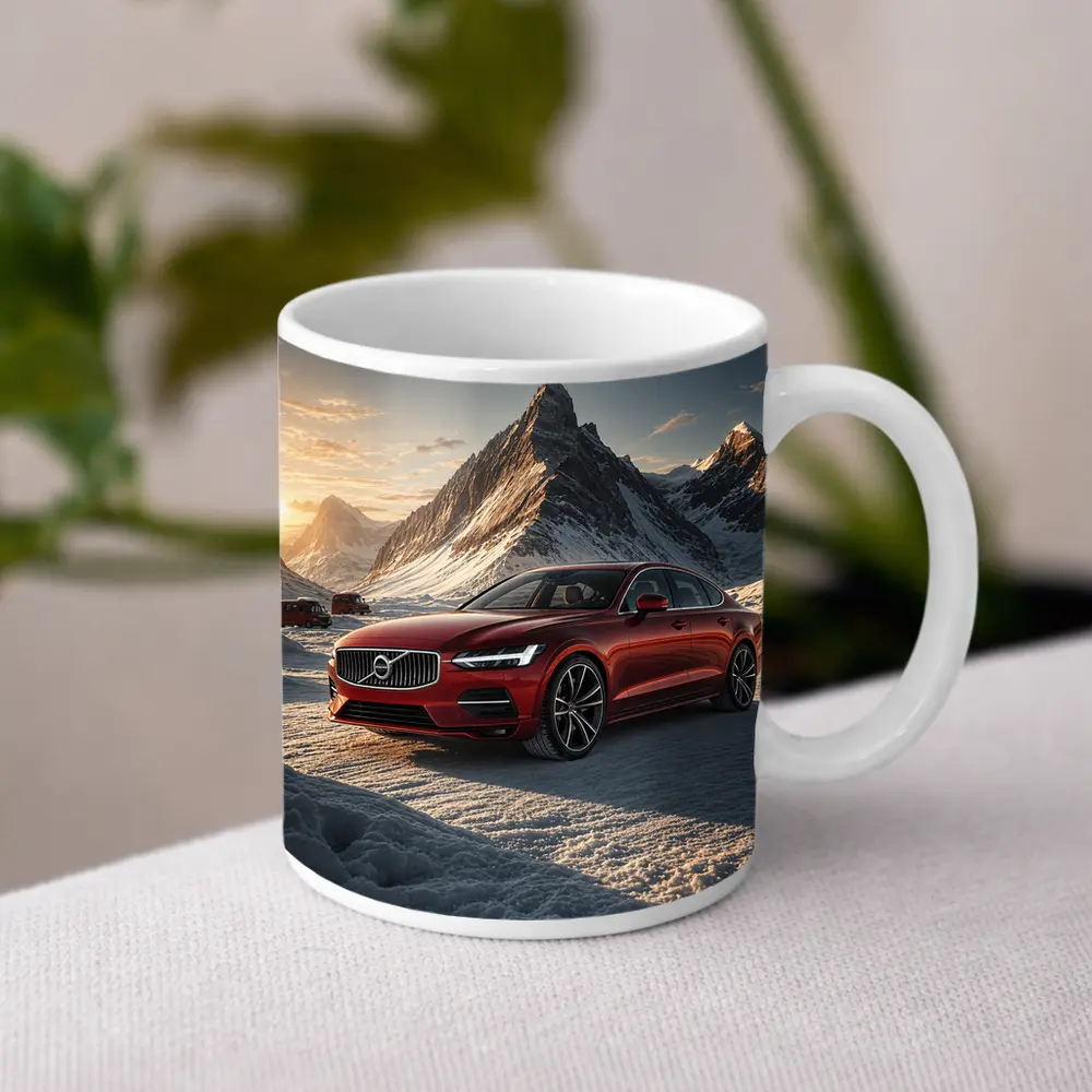 Volvo S90 Red Sedan Snowy Mountain Sunset – Mugs