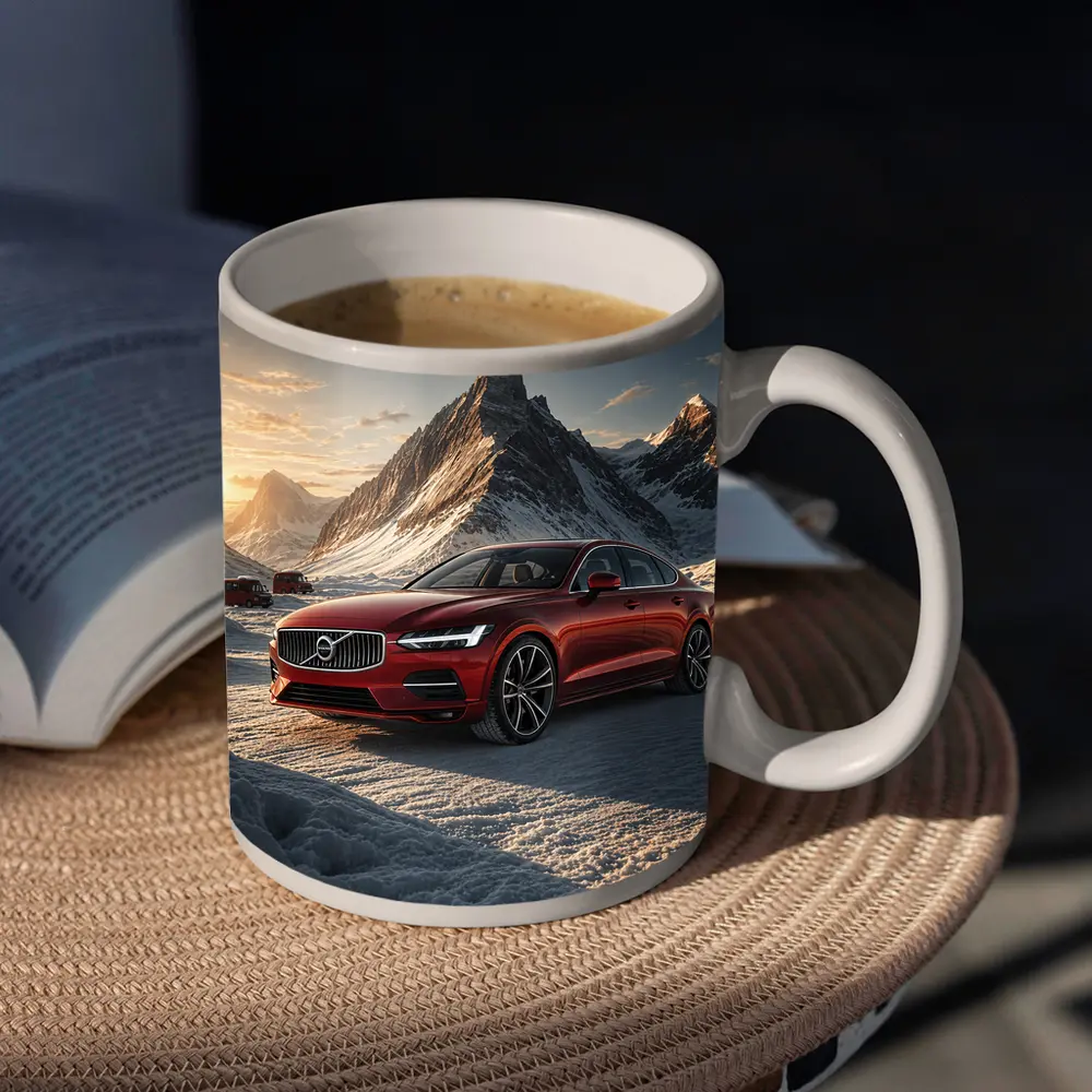 Volvo S90 Red Sedan Snowy Mountain Sunset – Mugs