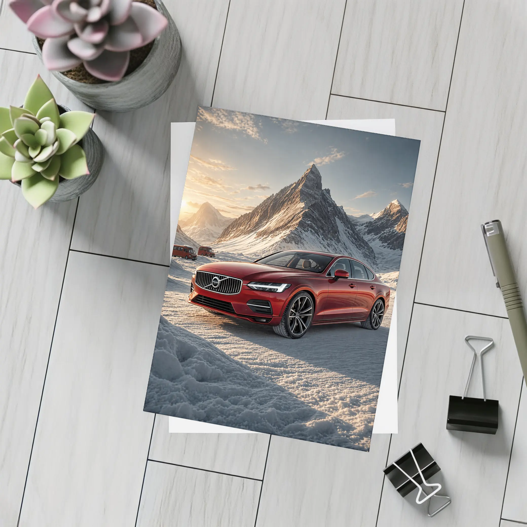 Volvo S90 Red Sedan Snowy Mountain Sunset – Postcards