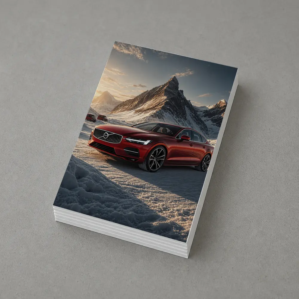 Volvo S90 Red Sedan Snowy Mountain Sunset – Postcards