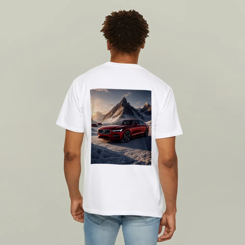 Volvo S90 Red Sedan Snowy Mountain Sunset – T-Shirts