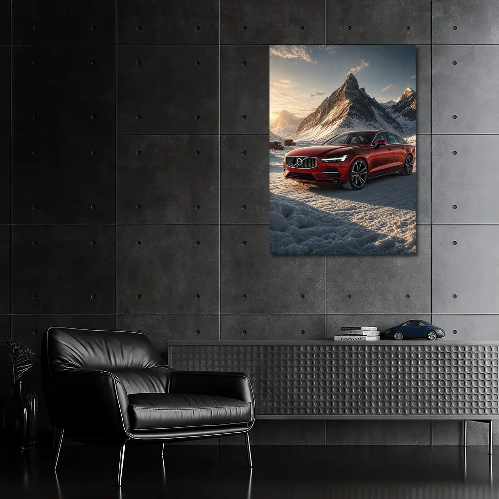 Volvo S90 Red Sedan Snowy Mountain Sunset – Wall Art