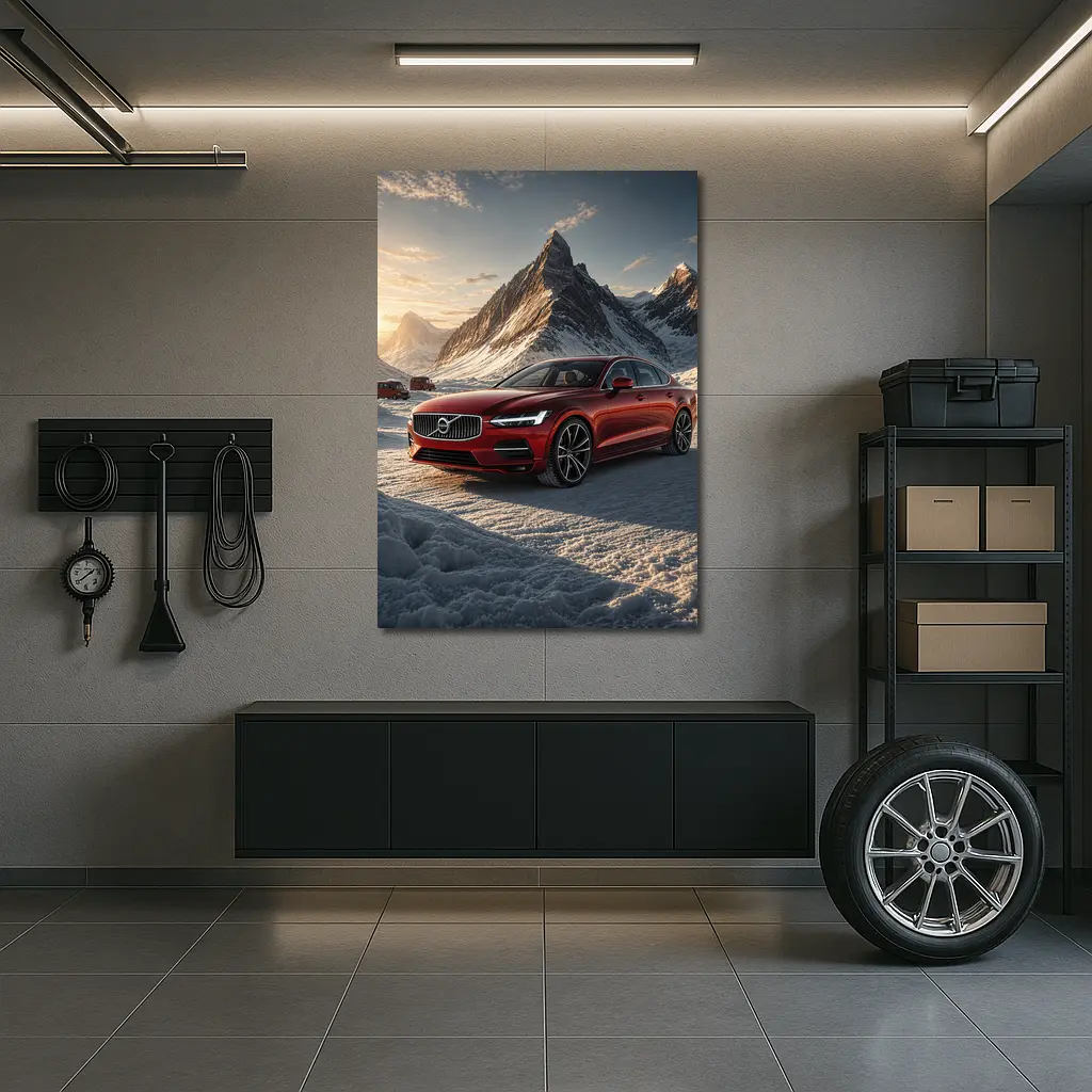 Volvo S90 Red Sedan Snowy Mountain Sunset – Wall Art