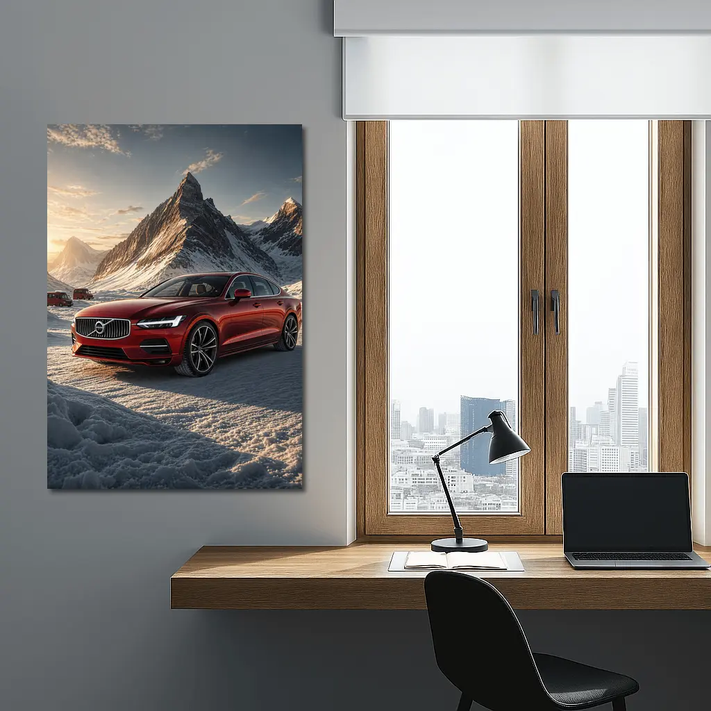 Volvo S90 Red Sedan Snowy Mountain Sunset – Wall Art