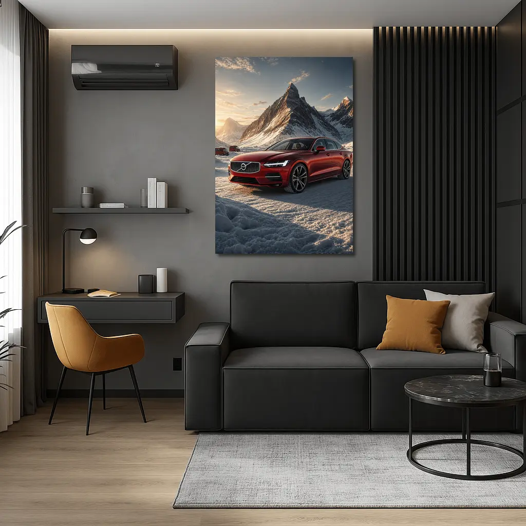 Volvo S90 Red Sedan Snowy Mountain Sunset – Wall Art