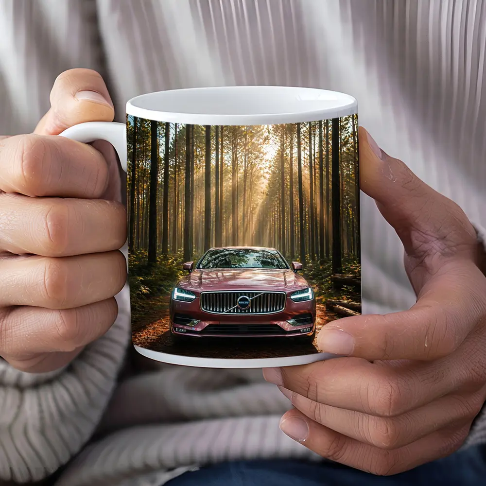 Volvo S90 Parked in Sunlit Forest – Mugs