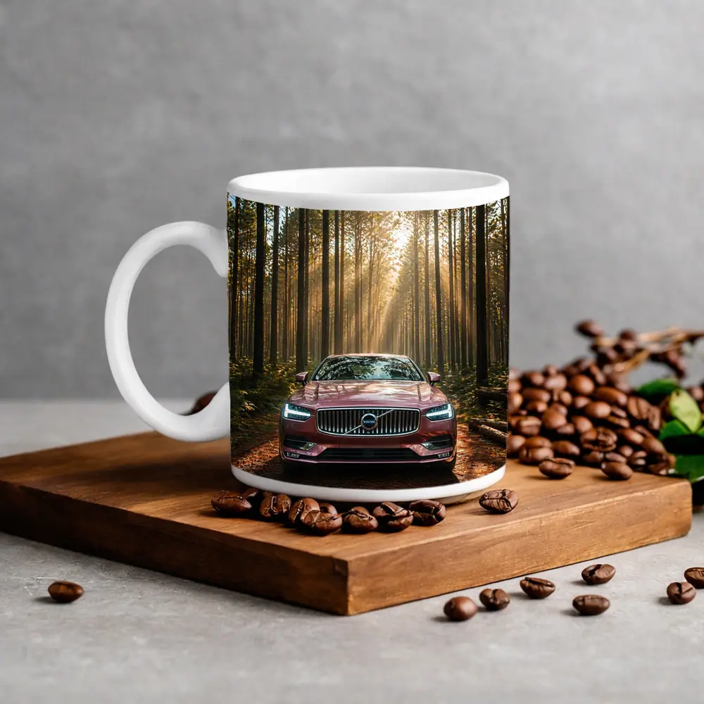Volvo S90 Parked in Sunlit Forest – Mugs