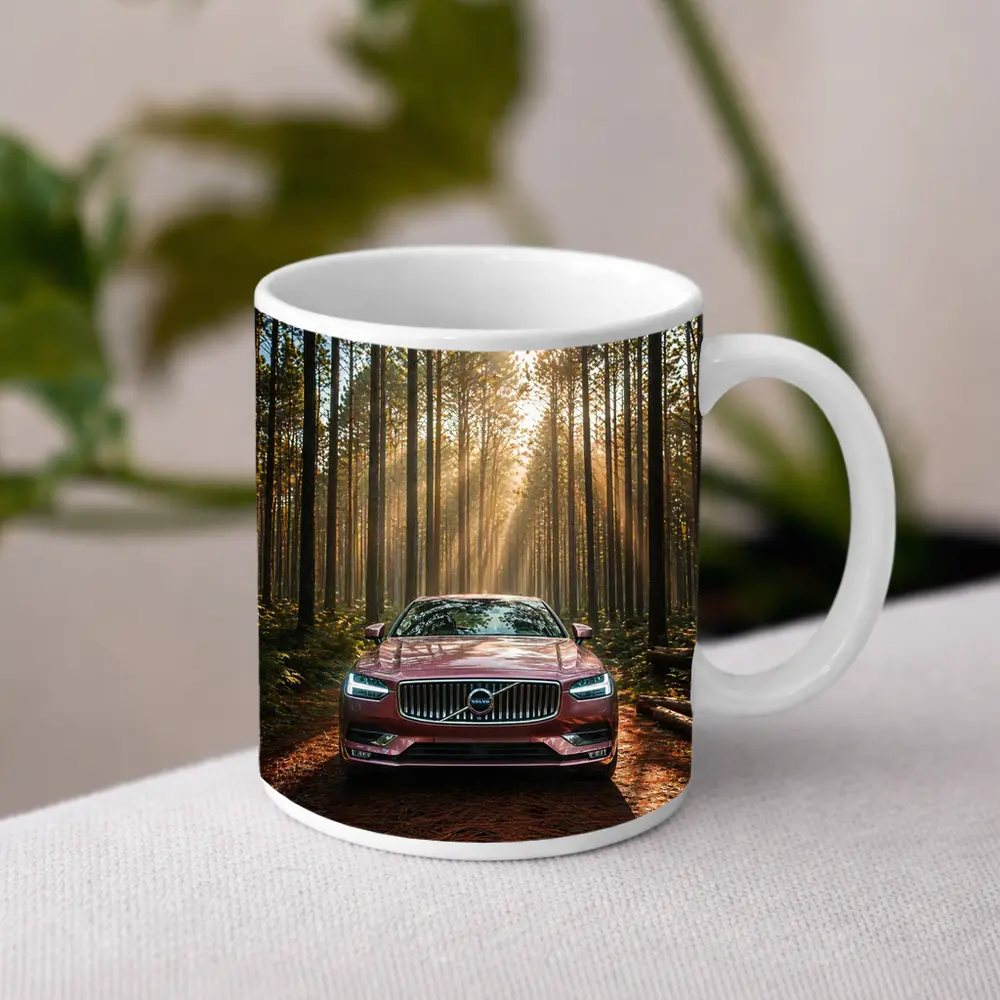 Volvo S90 Parked in Sunlit Forest – Mugs