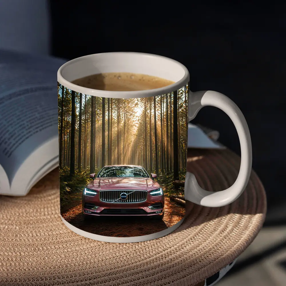 Volvo S90 Parked in Sunlit Forest – Mugs