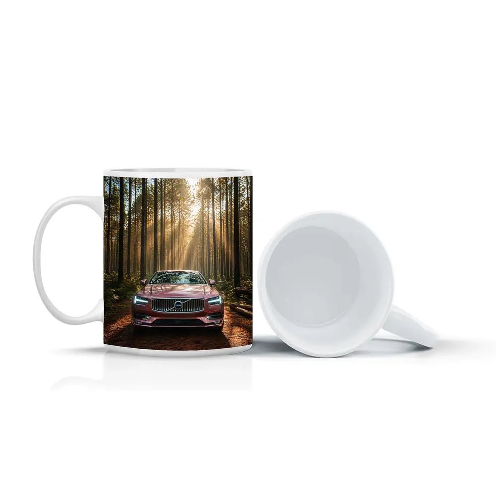 Volvo S90 Parked in Sunlit Forest – Mugs