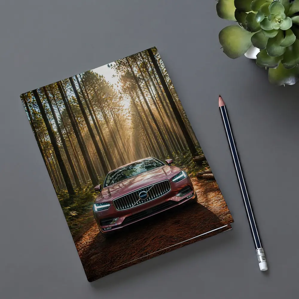 Volvo S90 Parked in Sunlit Forest – Notebooks