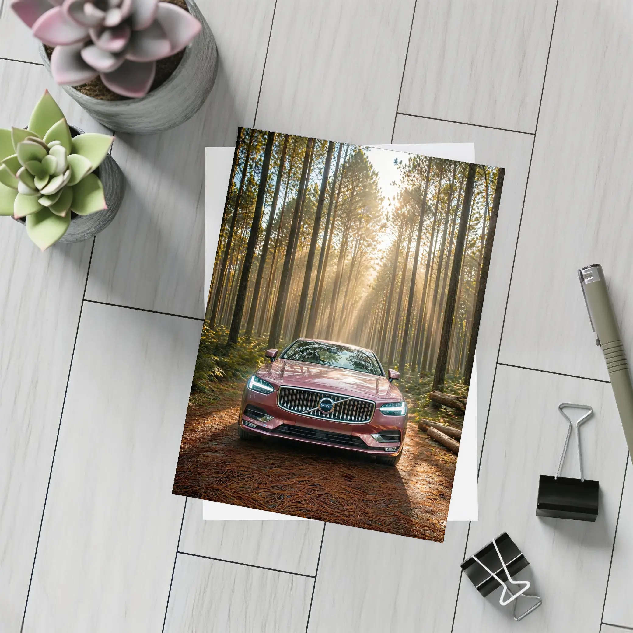 Volvo S90 Parked in Sunlit Forest – Postcards