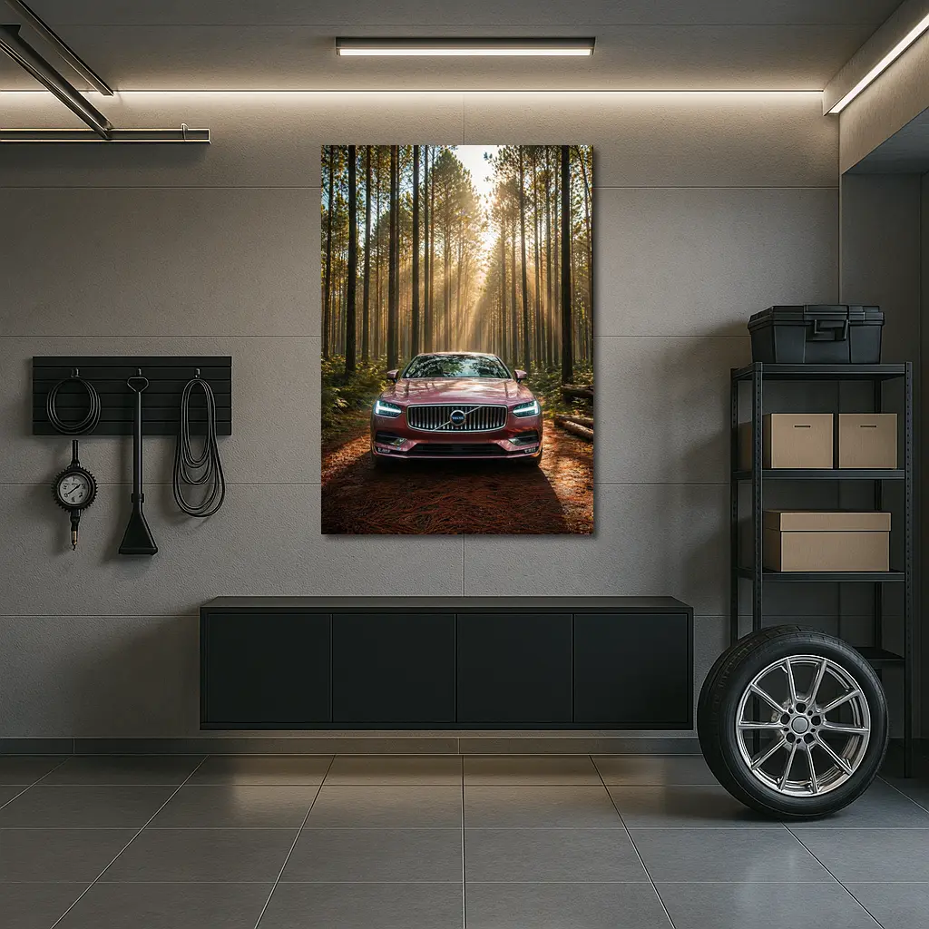 Volvo S90 Parked in Sunlit Forest – Wall Art