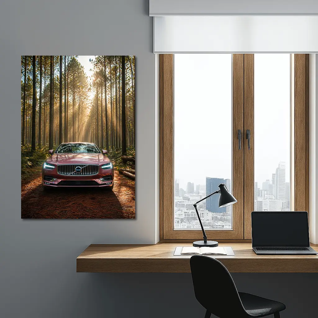 Volvo S90 Parked in Sunlit Forest – Wall Art