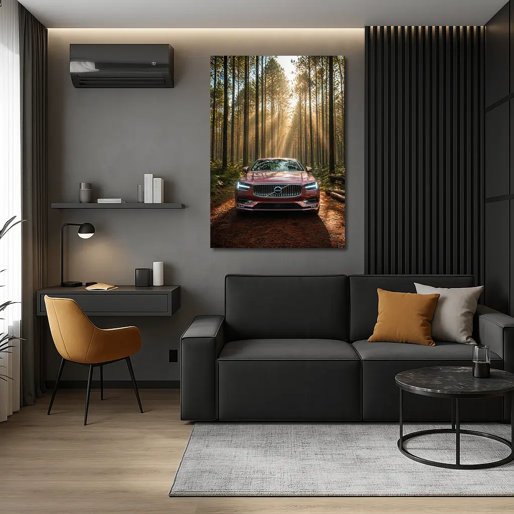 Volvo S90 Parked in Sunlit Forest – Wall Art