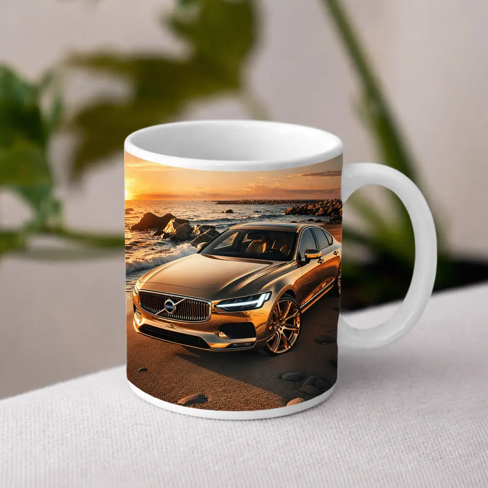Volvo S90 Parked on Sandy Beach Sunset – Mugs