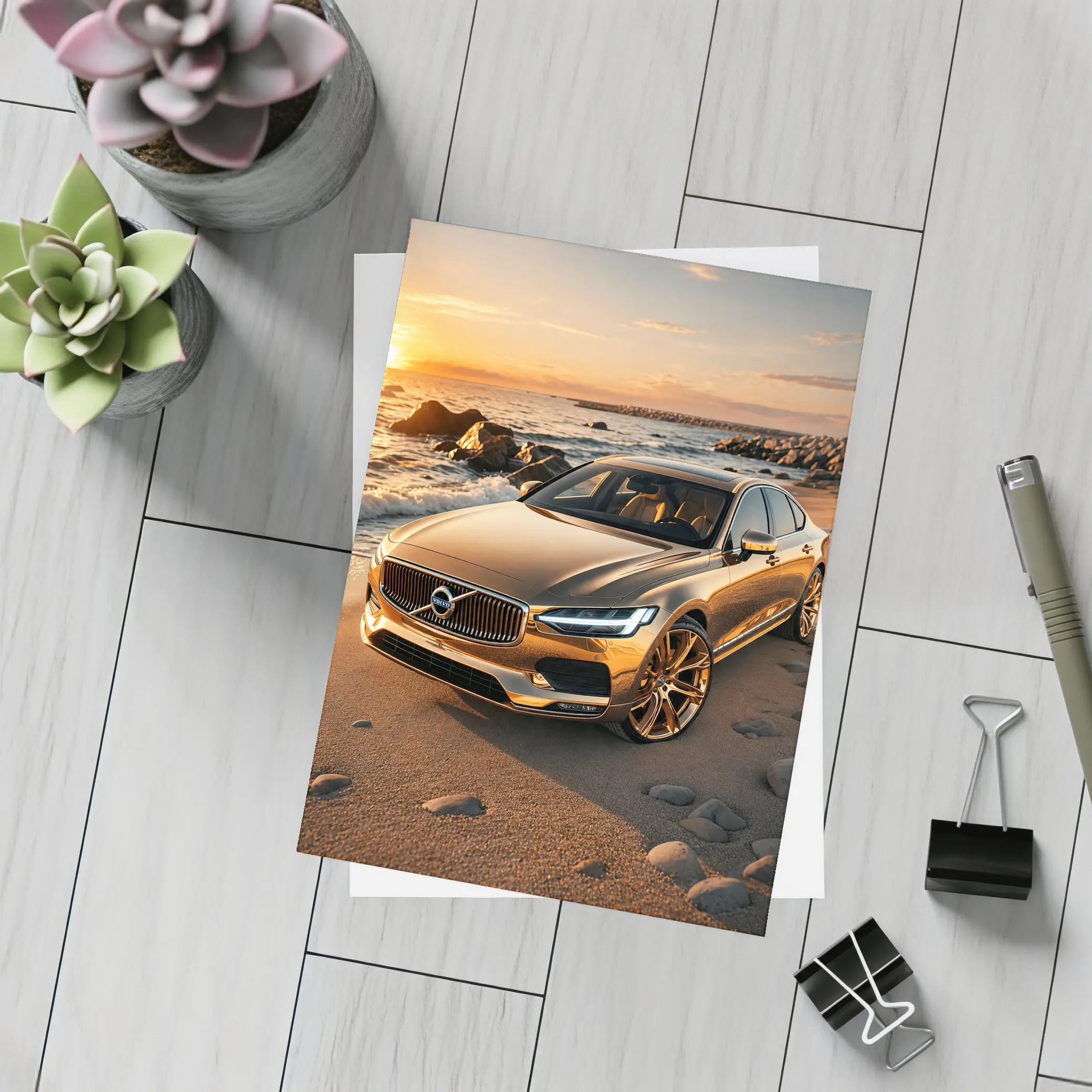 Volvo S90 Parked on Sandy Beach Sunset – Postcards