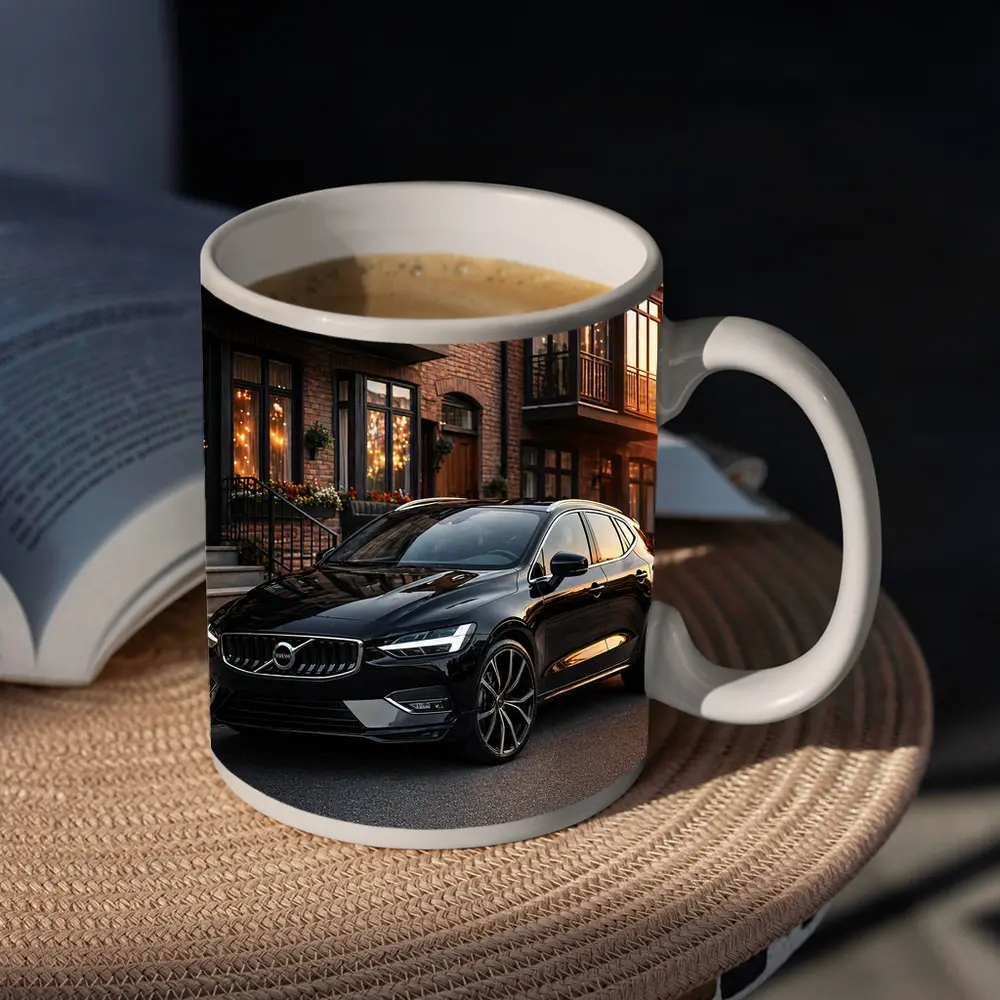 Volvo V40 Black Parked Urban Street Sunset – Mugs