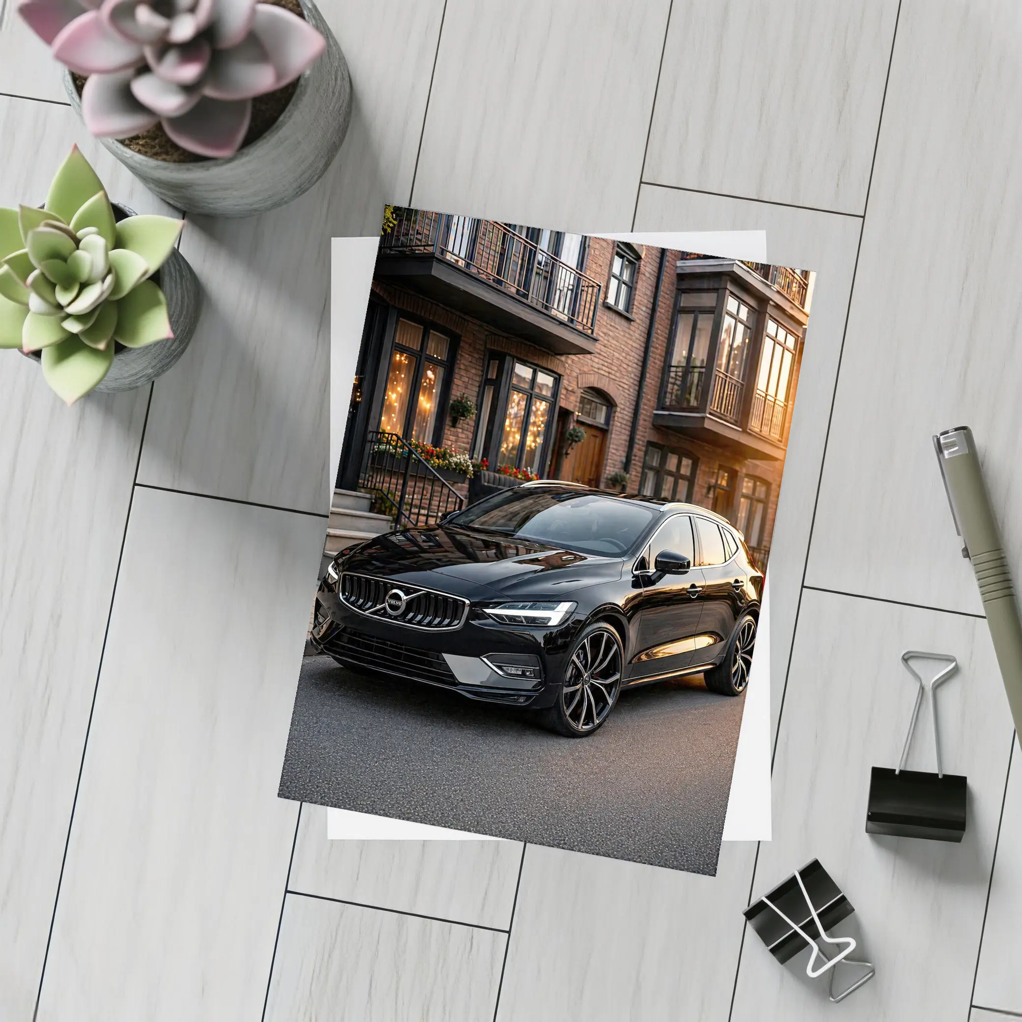 Volvo V40 Black Parked Urban Street Sunset – Postcards