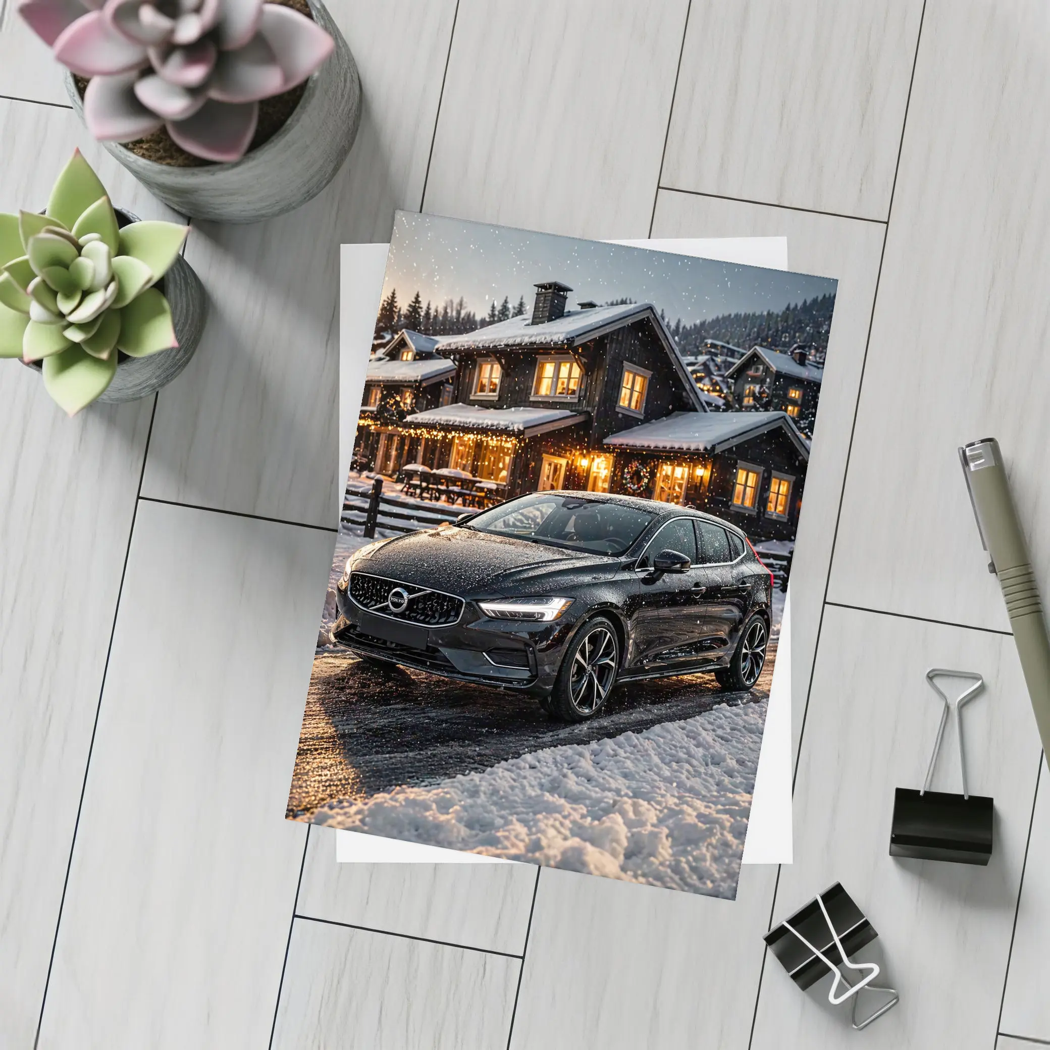 Volvo V40 Black Winter Night Snowy Scene – Postcards