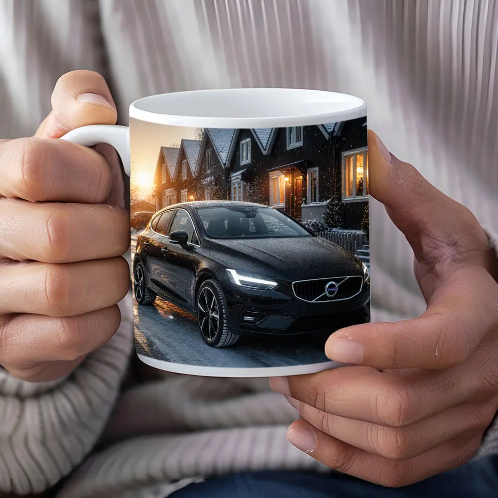 Volvo V40 Black On Snowy Winter Street – Mugs