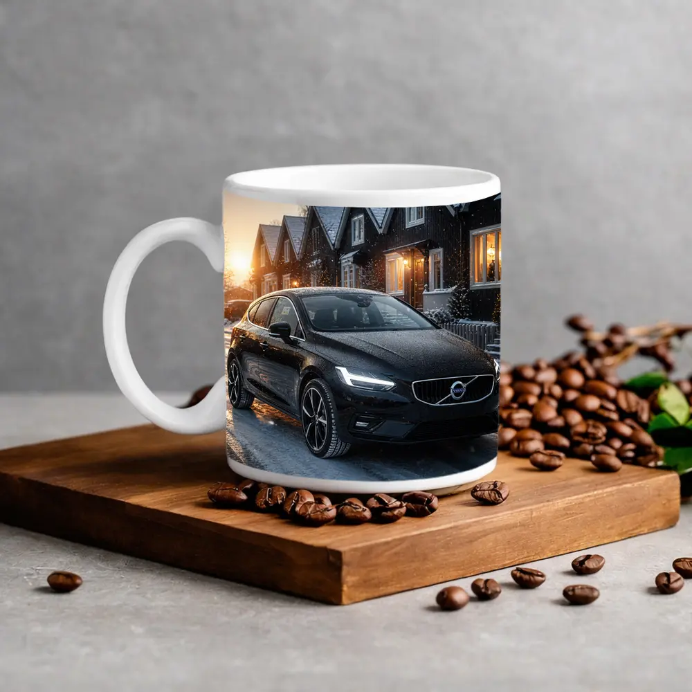 Volvo V40 Black On Snowy Winter Street – Mugs