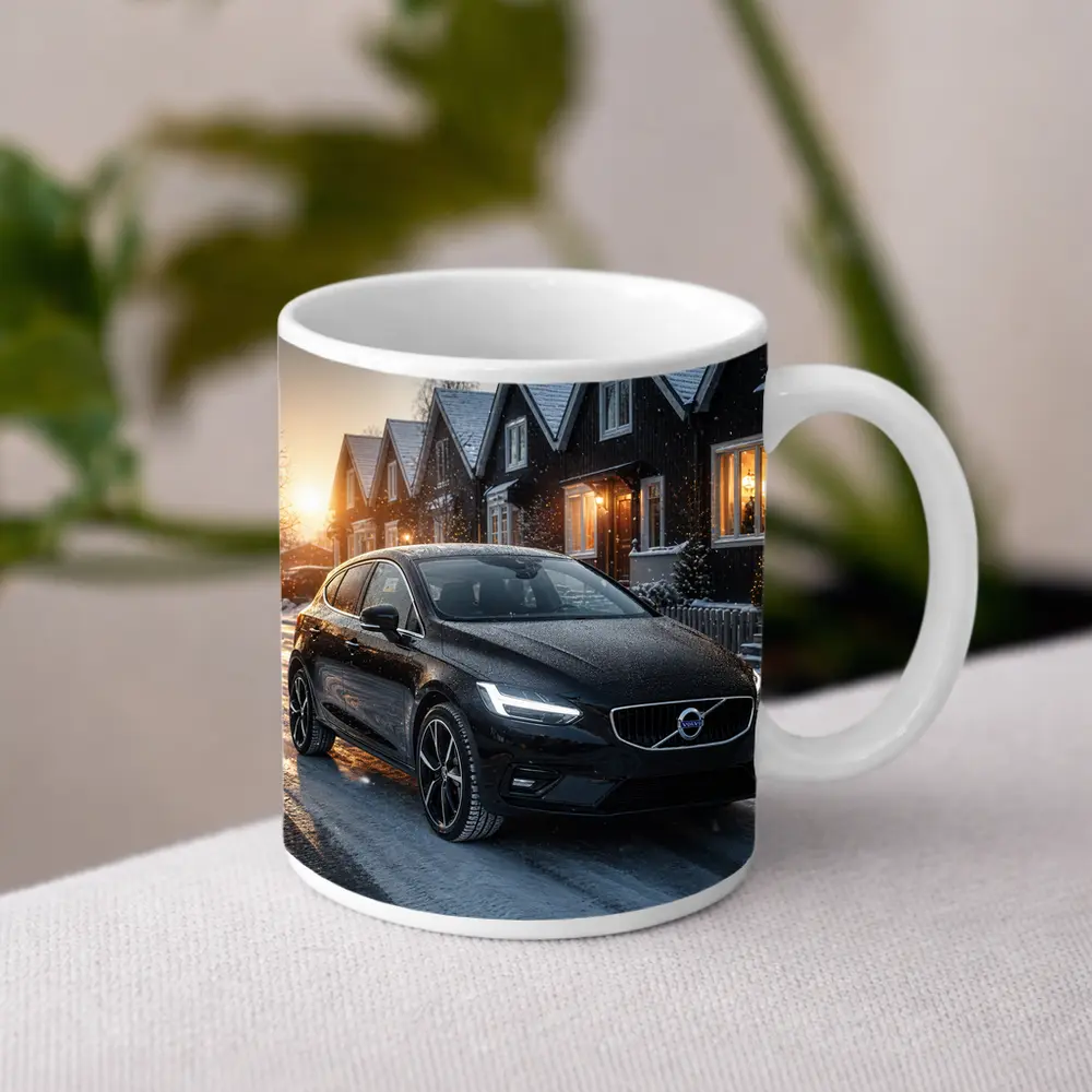Volvo V40 Black On Snowy Winter Street – Mugs