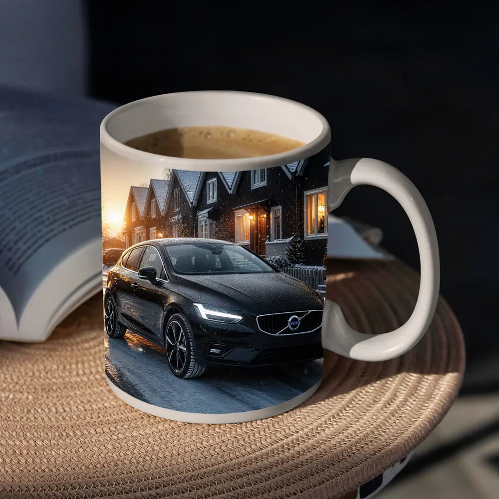 Volvo V40 Black On Snowy Winter Street – Mugs