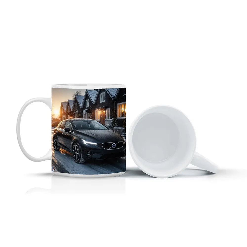 Volvo V40 Black On Snowy Winter Street – Mugs