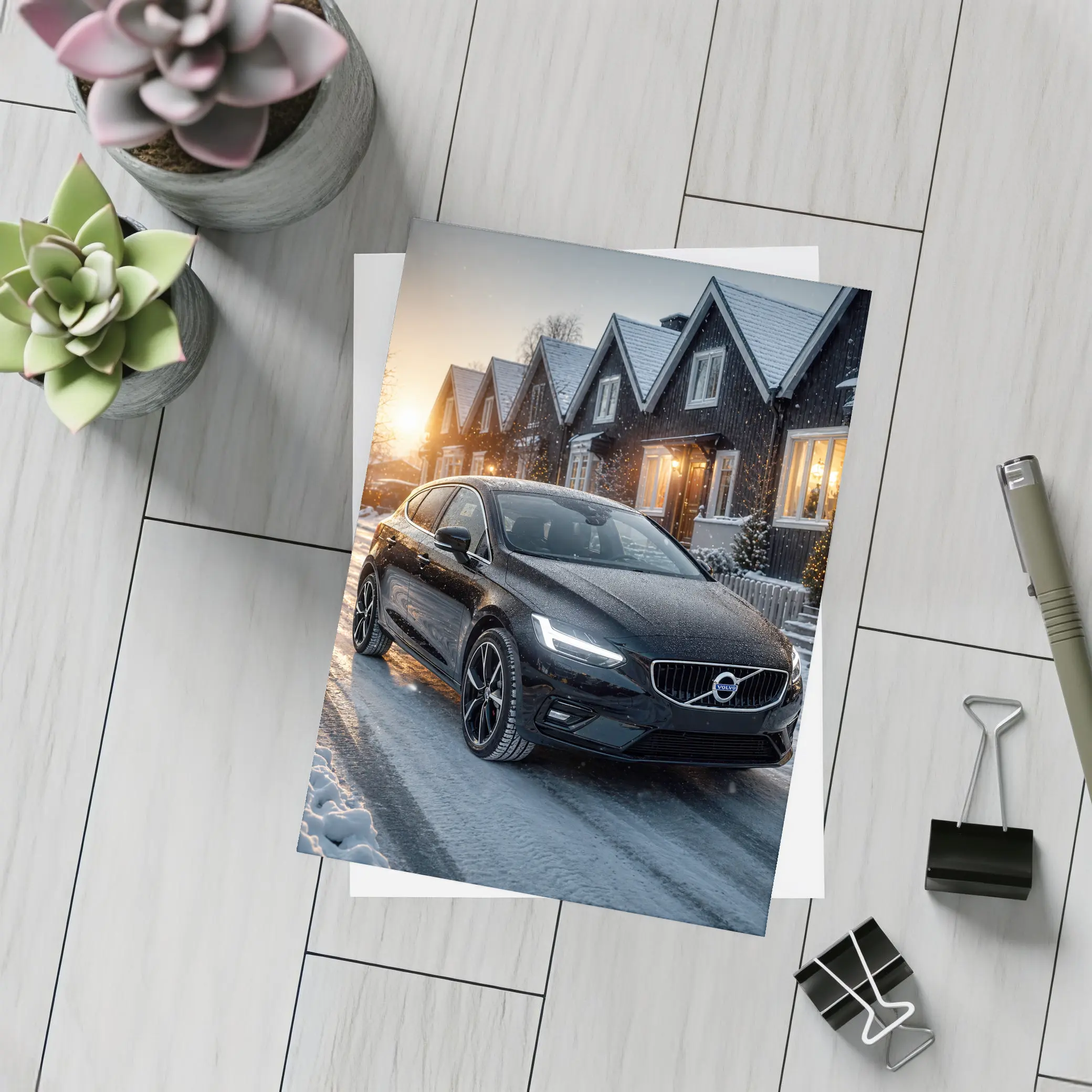 Volvo V40 Black On Snowy Winter Street – Postcards