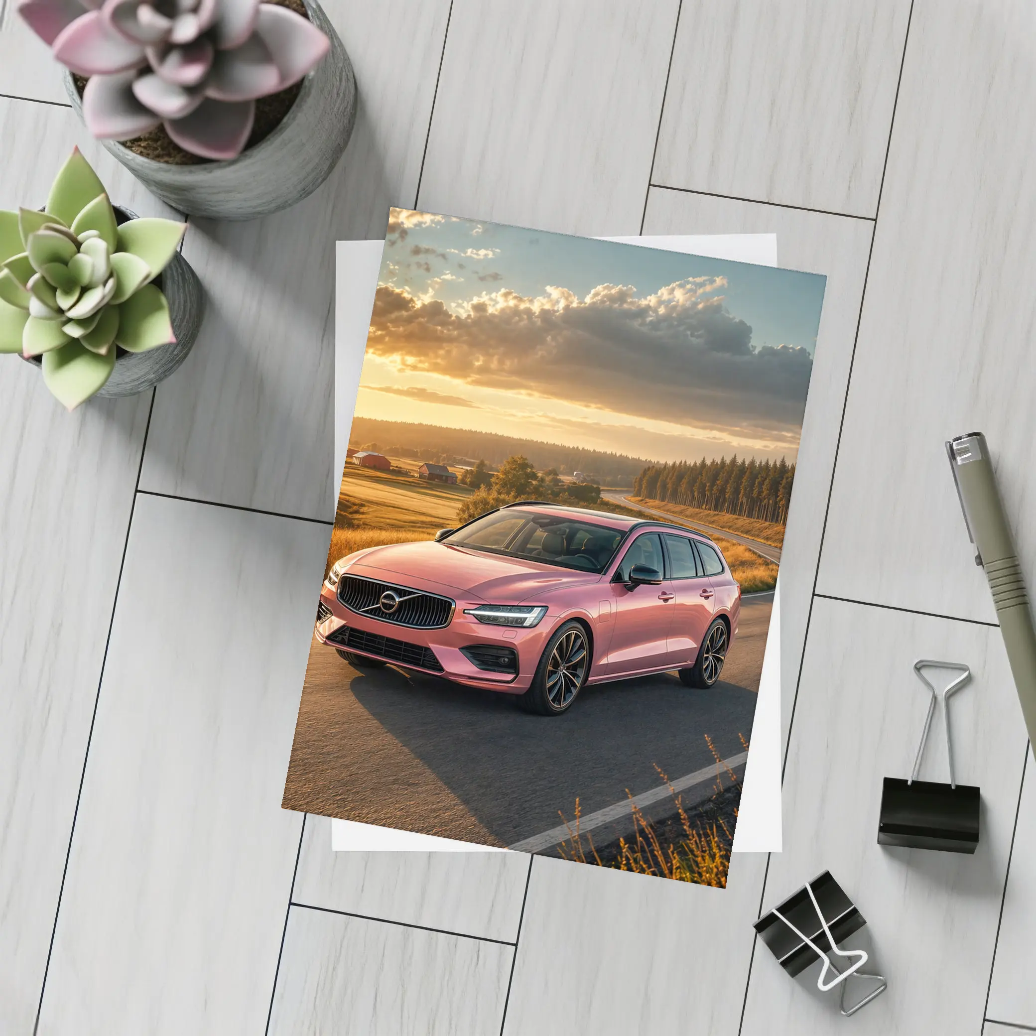 Volvo V60 Pink Wagon Country Road Sunset – Postcards