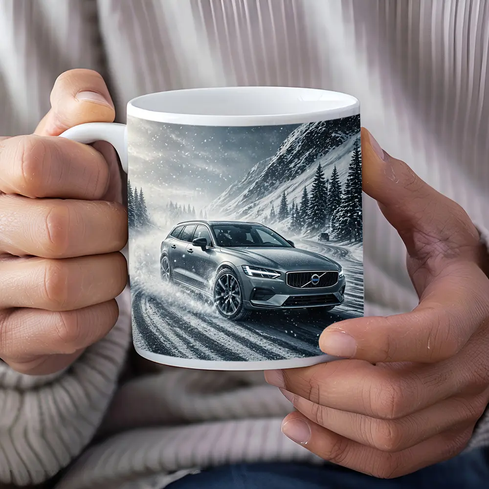 Volvo V60 Drifting Snowy Mountain Road – Mugs