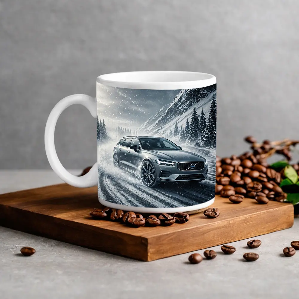 Volvo V60 Drifting Snowy Mountain Road – Mugs