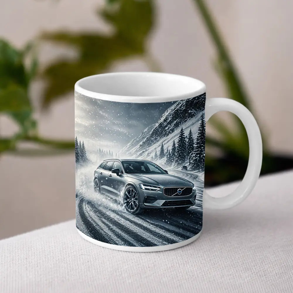 Volvo V60 Drifting Snowy Mountain Road – Mugs