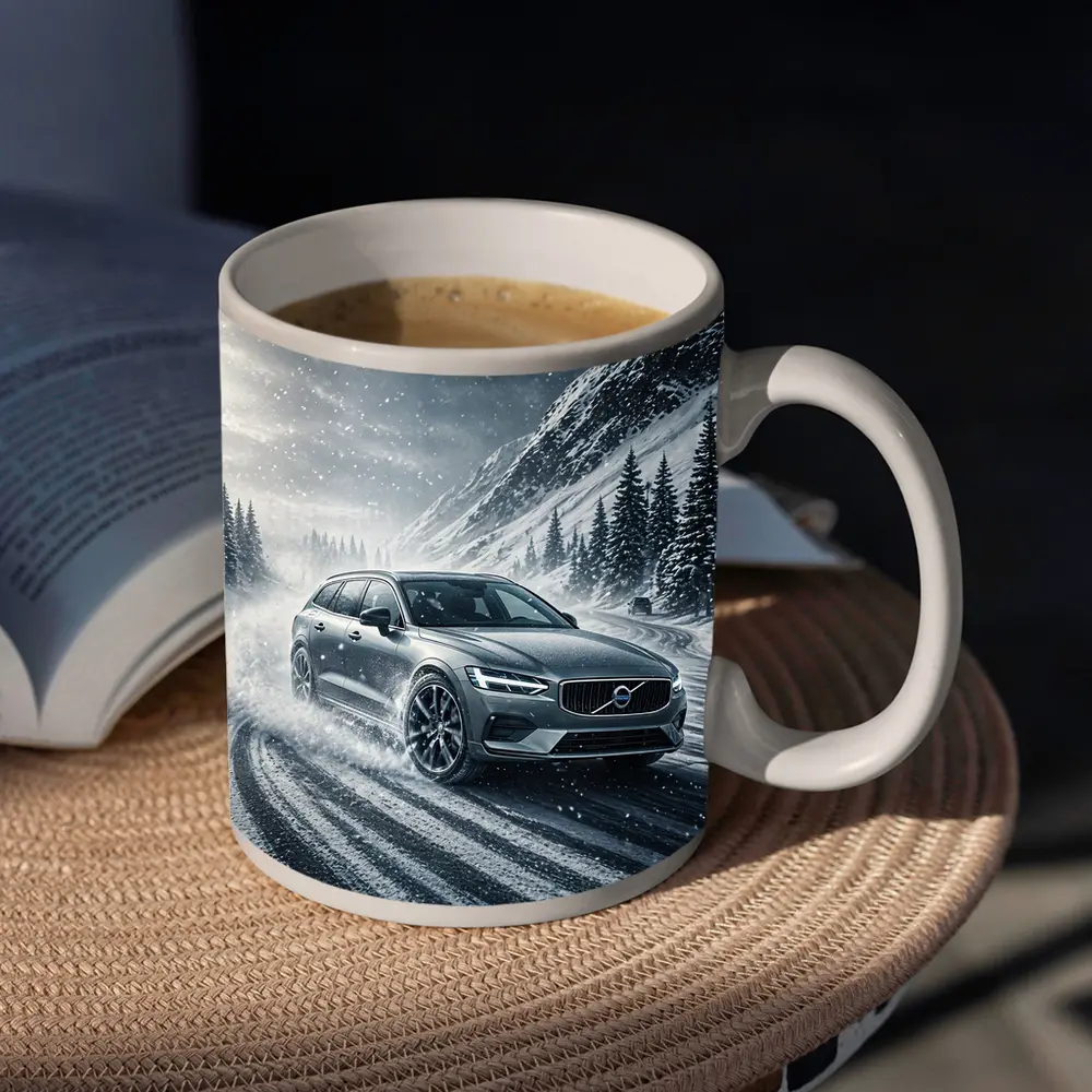 Volvo V60 Drifting Snowy Mountain Road – Mugs