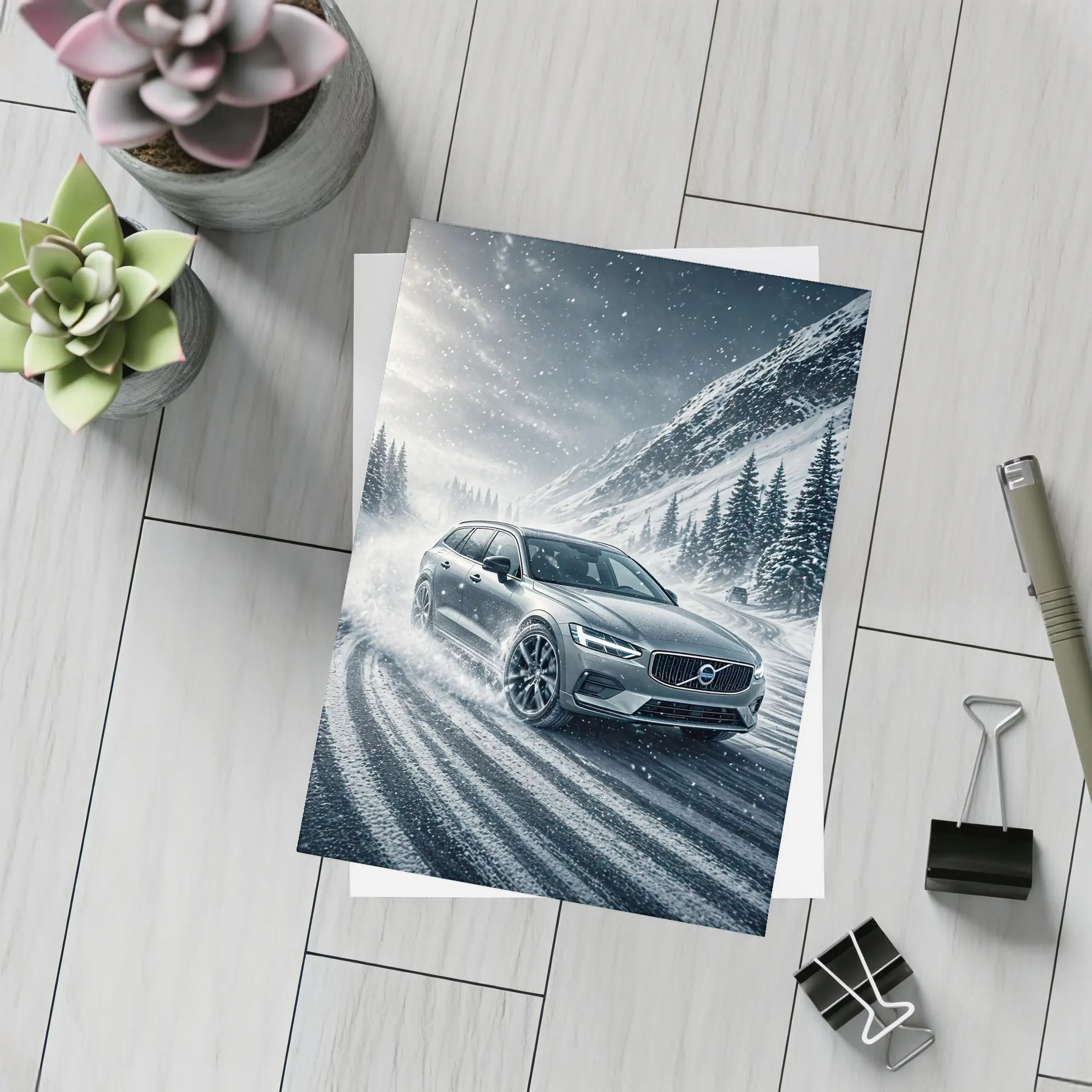 Volvo V60 Drifting Snowy Mountain Road – Postcards