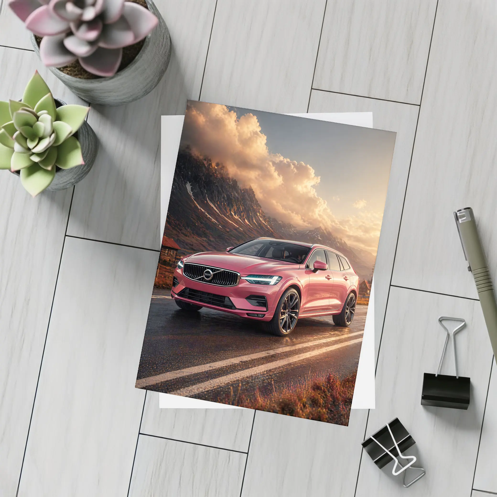 Volvo V60 Pink Road Mountain Sunset – Postcards