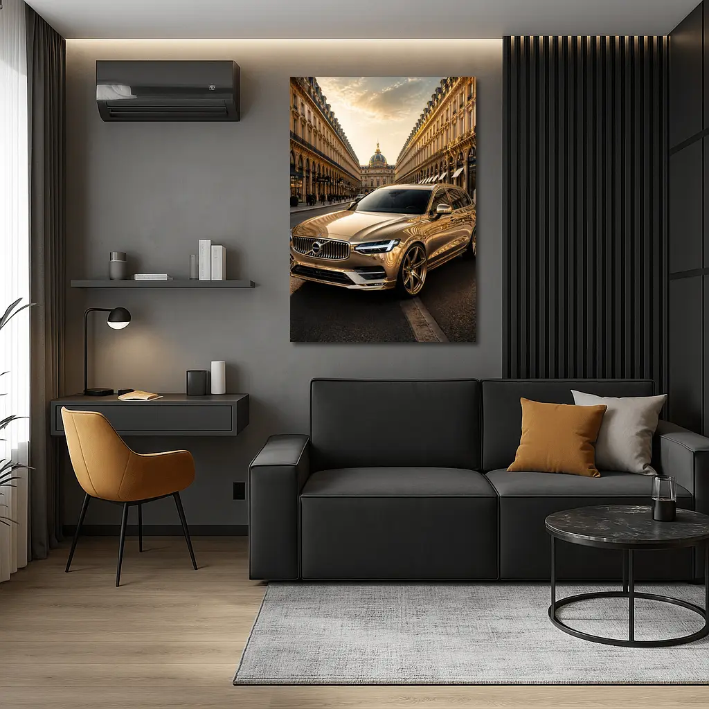 Volvo V90 Gold Paris Street Scene – Wall Art