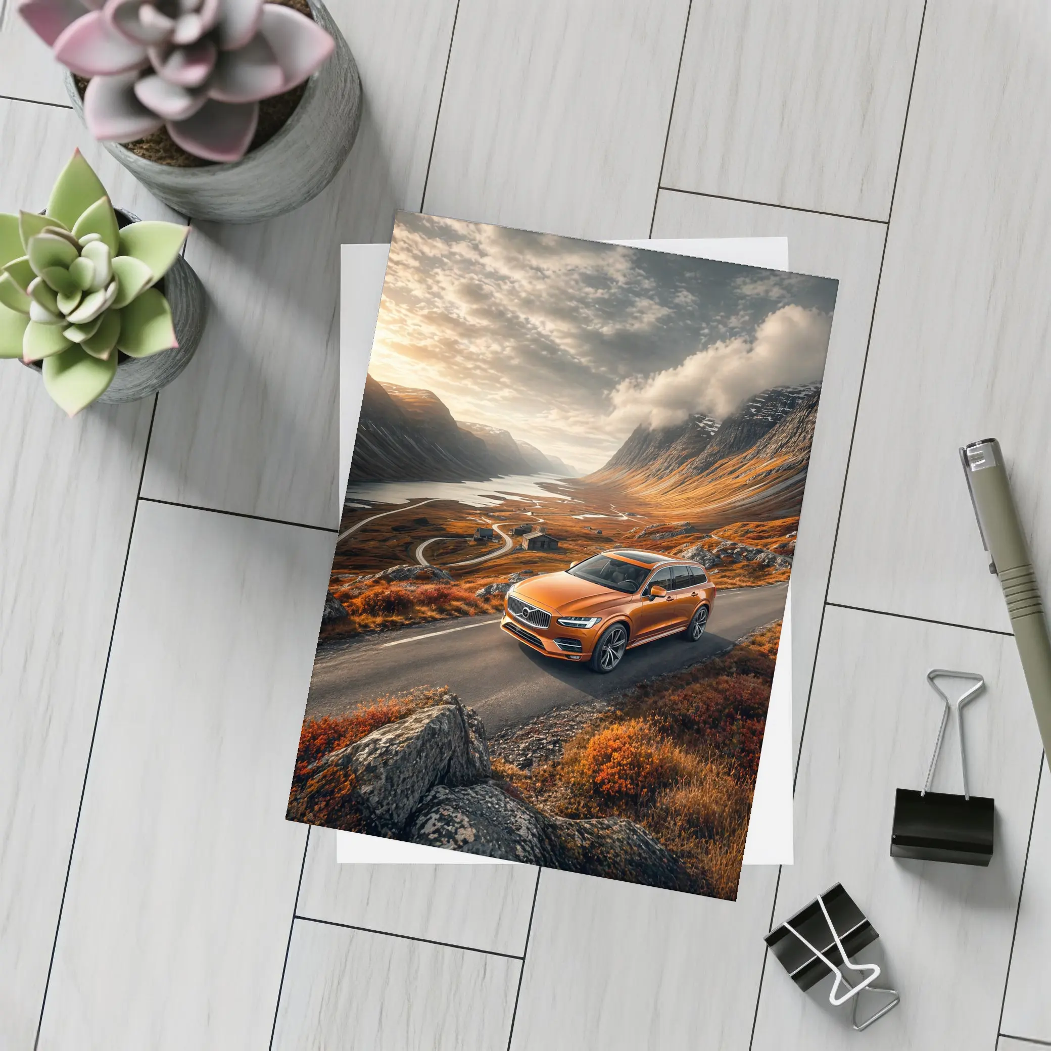 Volvo V90 Orange SUV Mountain Valley Road – Postcards