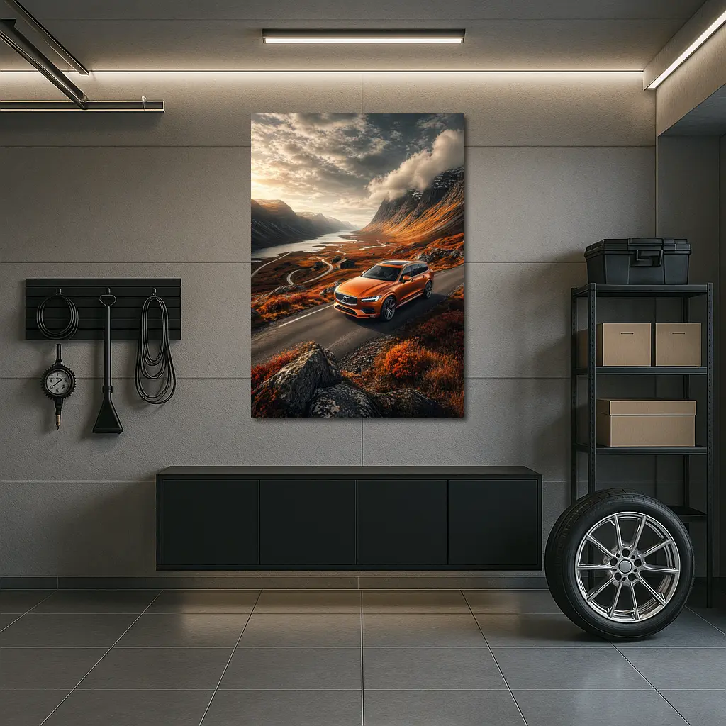 Volvo V90 Orange SUV Mountain Valley Road – Wall Art